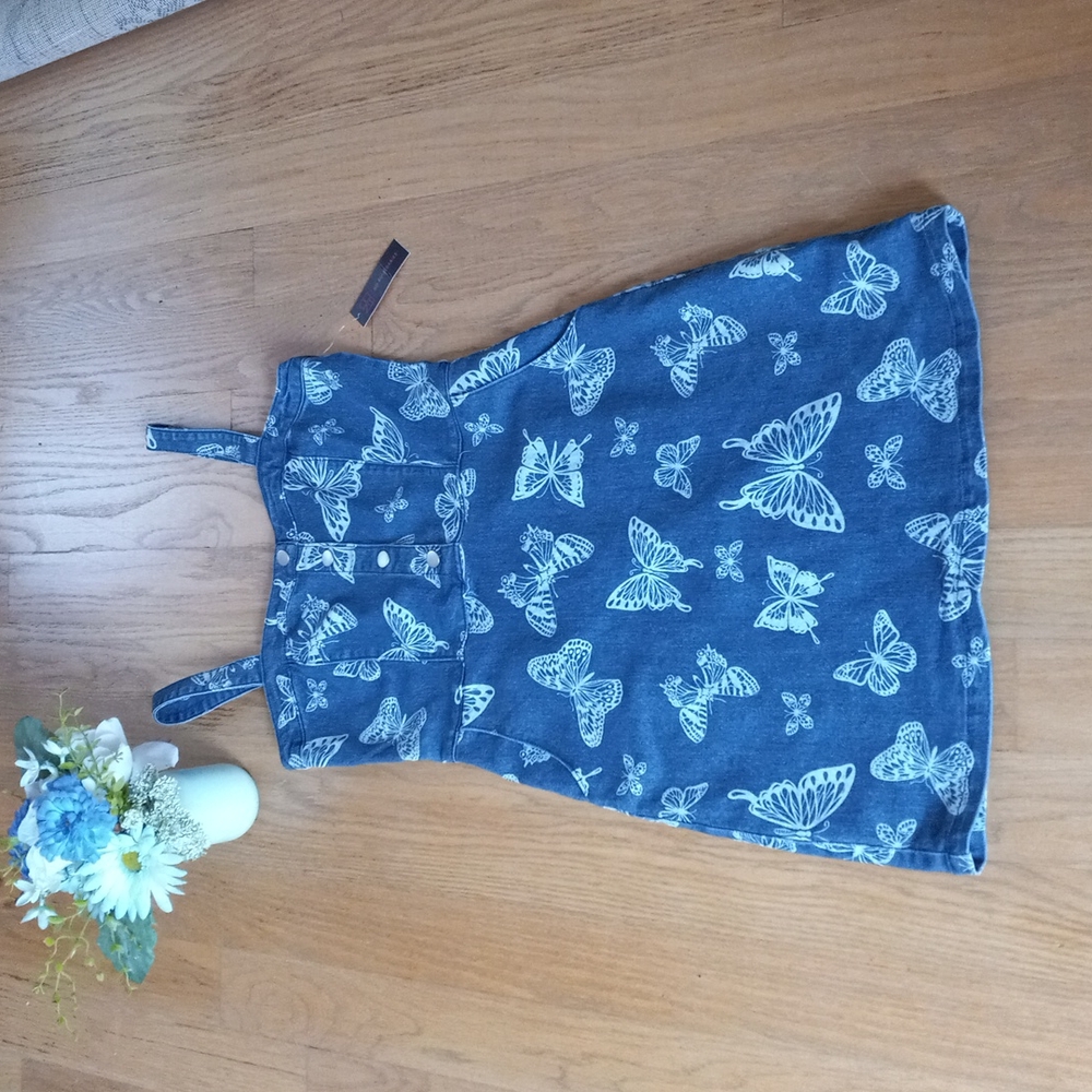 No Boundaries  Juniors Blue Butterfly Print Denim Dress